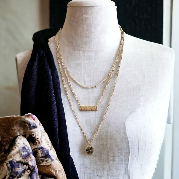 Bancroft Layered Necklace Gold Tone Hammered Pendants Triple Strand Draping - Picture 9 of 9